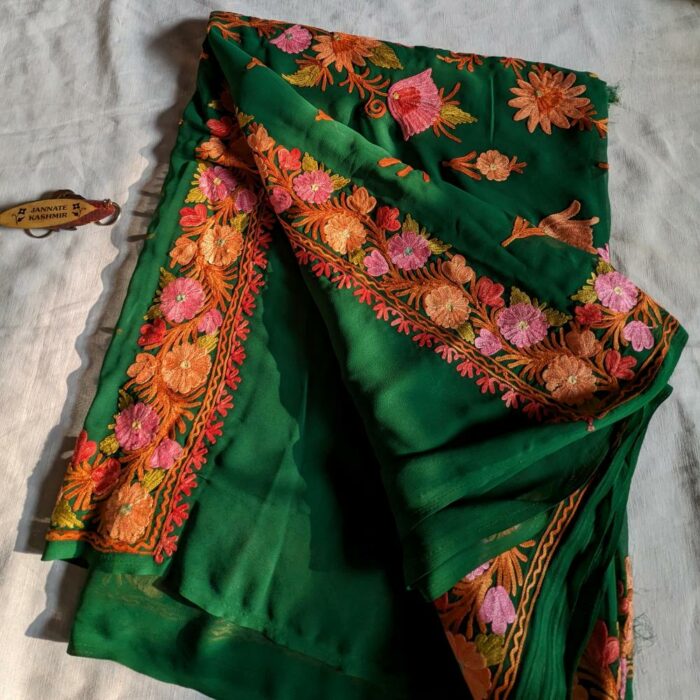 Bottle Green Georgette Kashmiri Saree With Aari Embroidery - Image 2