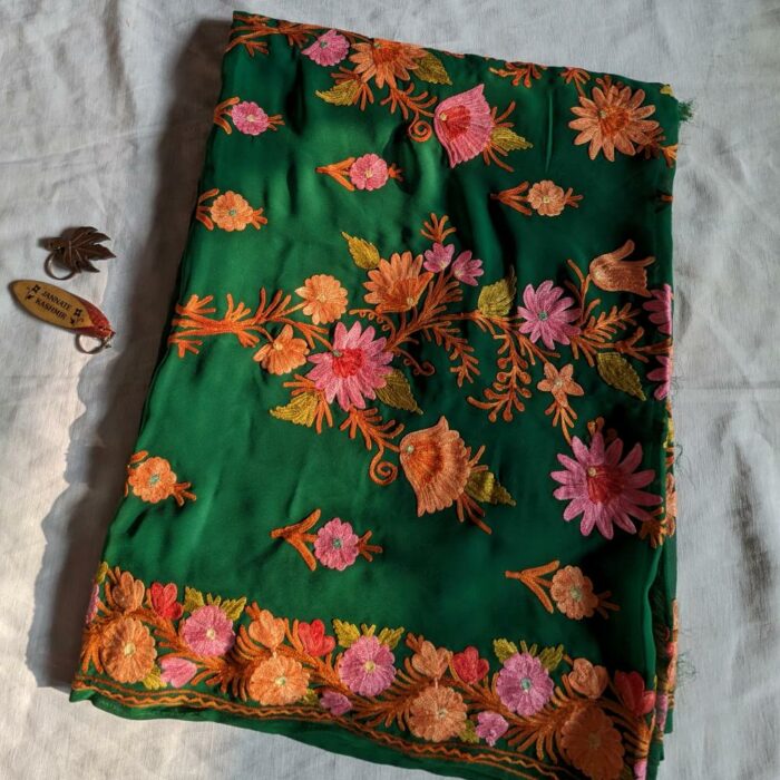 Bottle Green Georgette Kashmiri Saree With Aari Embroidery