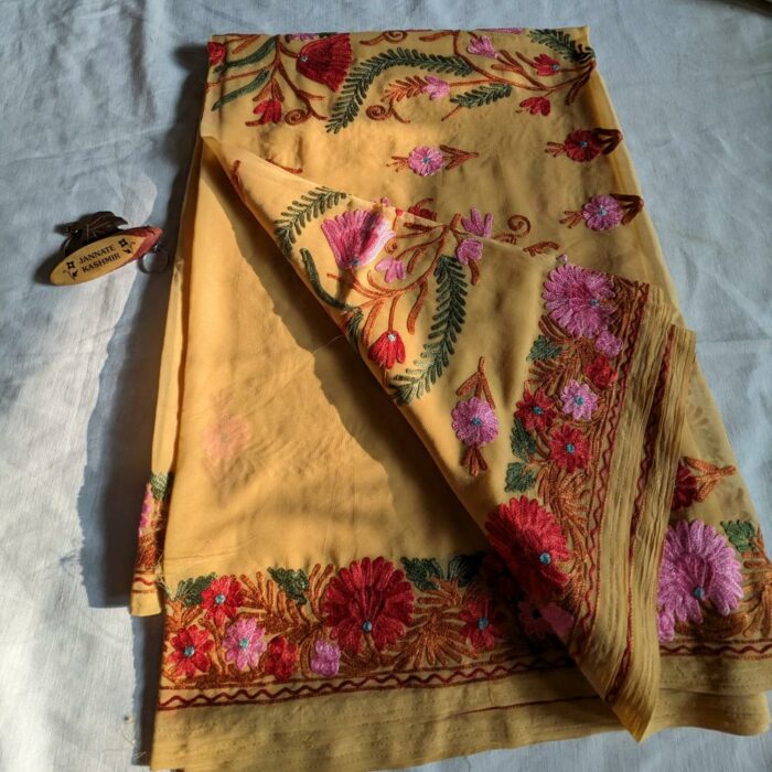 Mustard Georgette Kashmiri Saree With Aari Embroidery - Image 2