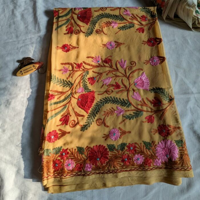 Mustard Georgette Kashmiri Saree With Aari Embroidery