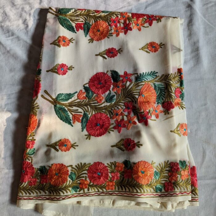 Shahi Cream Georgette Kashmiri Saree With Aari Embroidery