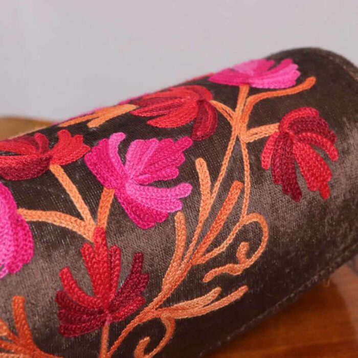 Brown with Pink Flowers Round Kashmiri Clutch Bag - Image 2