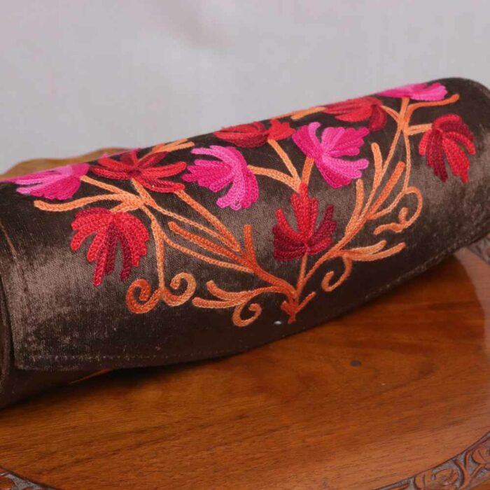 Brown with Pink Flowers Round Kashmiri Clutch Bag