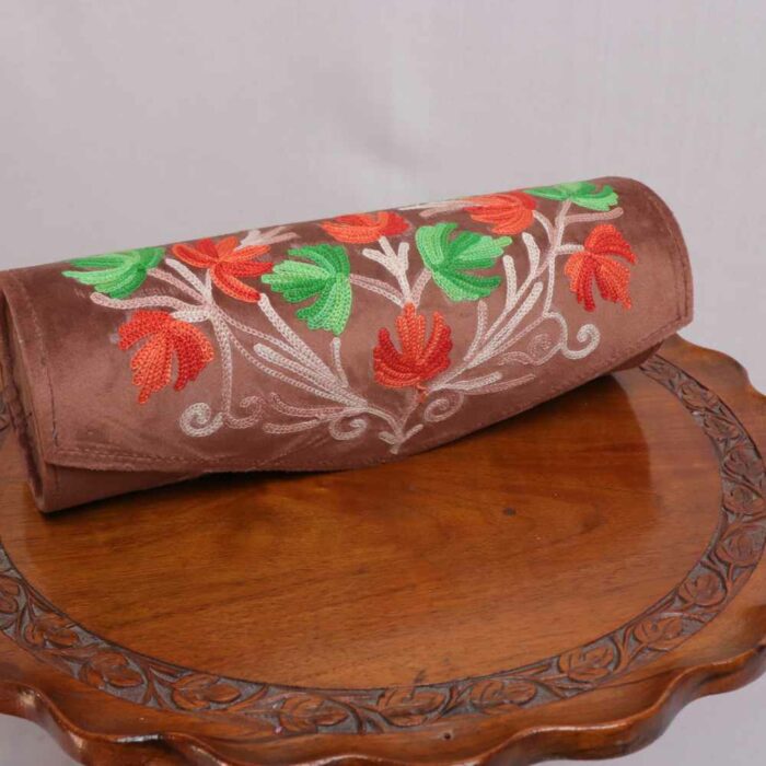 Brown with Orange Flowers Round Kashmiri Clutch Bag