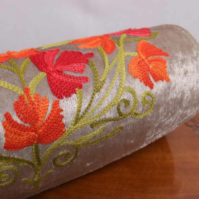beige with Orange Flowers Round Kashmiri Clutch Bag - Image 2