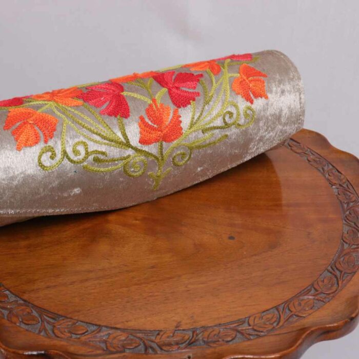 beige with Orange Flowers Round Kashmiri Clutch Bag
