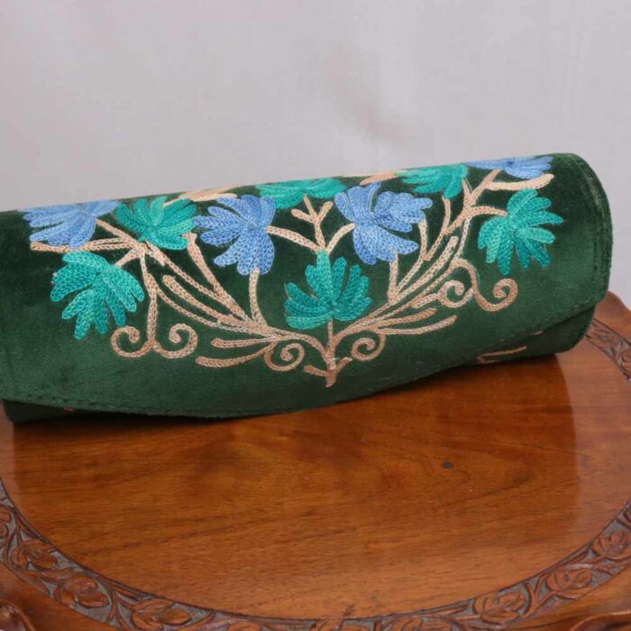 Green with blue Flowers Round Kashmiri Clutch Bag