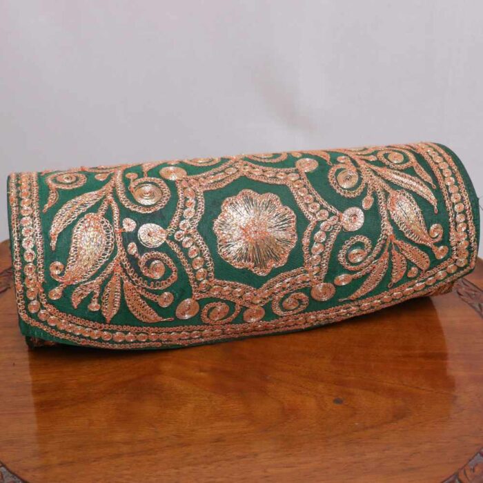Bottle Green Tilla Clutch With Golden Work