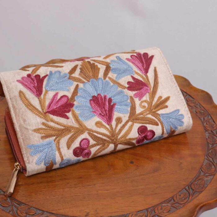 Beige Pink Blue Flowers Kashmiri Wallet - Image 3