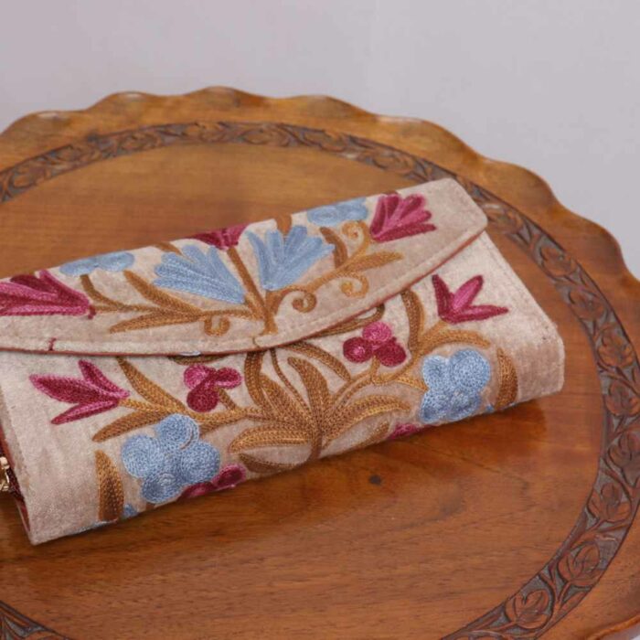 Beige Pink Blue Flowers Kashmiri Wallet