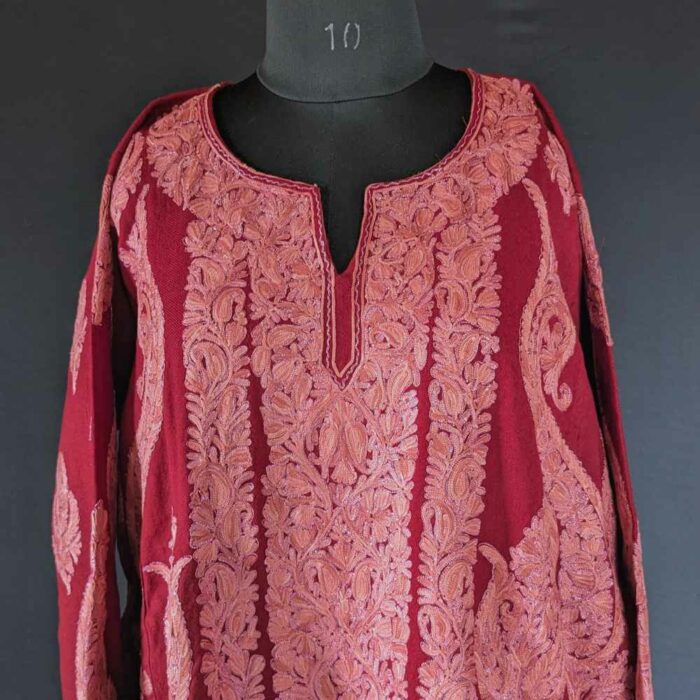 Maroon Raffal MeerBaagh Kashmiri Phiran with All Over Zari and Ari - Image 5