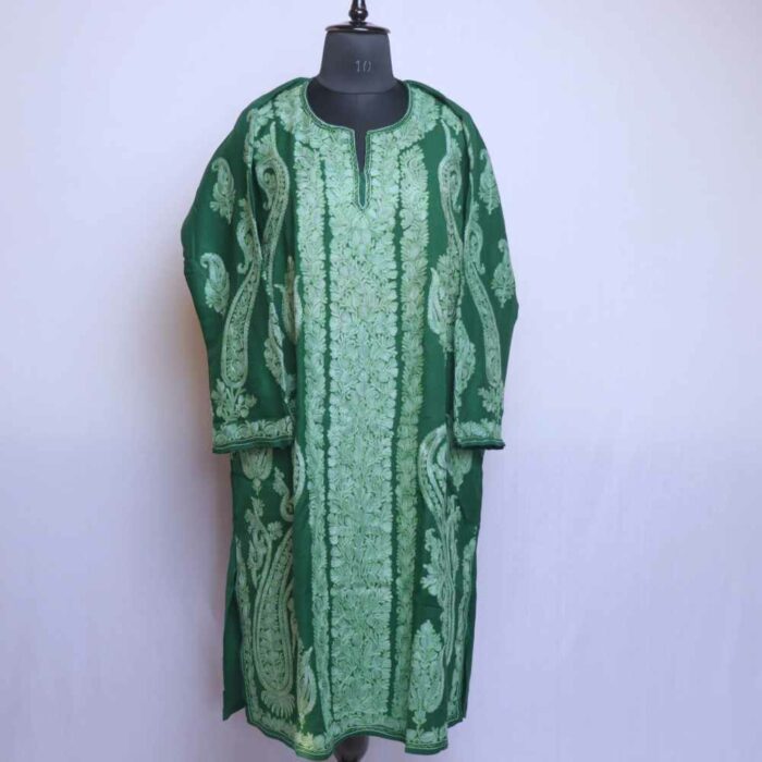 Green Raffal MeerBaagh Kashmiri Phiran with All Over Zari and Ari