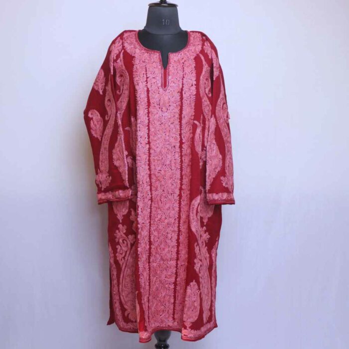 Maroon Raffal MeerBaagh Kashmiri Phiran with All Over Zari and Ari