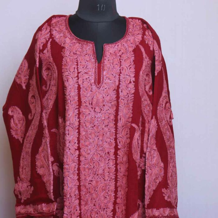 Maroon Raffal MeerBaagh Kashmiri Phiran with All Over Zari and Ari - Image 2