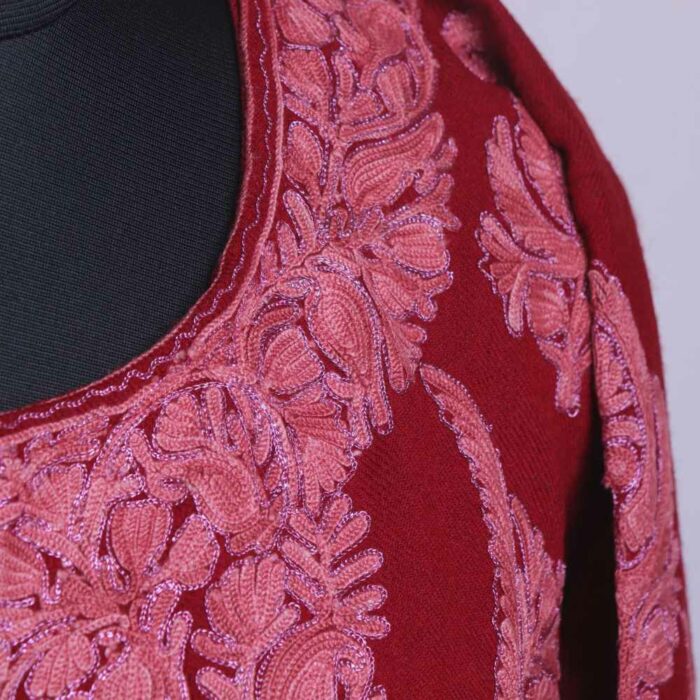 Maroon Raffal MeerBaagh Kashmiri Phiran with All Over Zari and Ari - Image 3