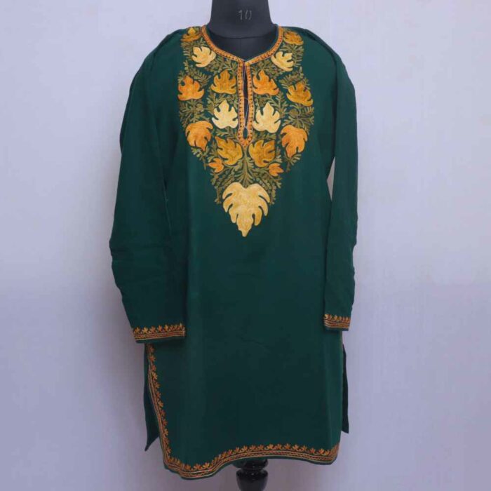 Green Chinari Cashmilon Short Kashmiri Pheran  (L36)