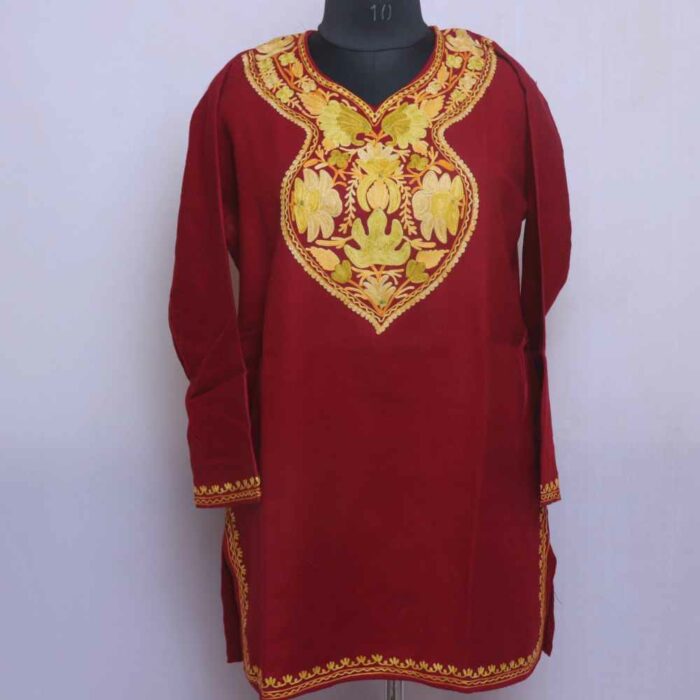 Maroon Chinar Badaam Cashmilon Short Kashmiri Pheran  (L32)