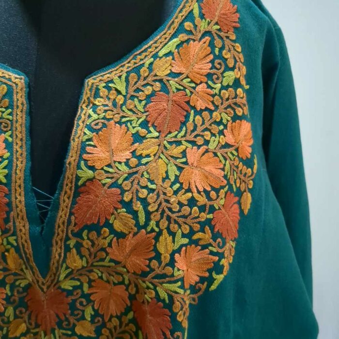 Green Handwork Pure Wool Kashmiri Pheran Dress - Image 2