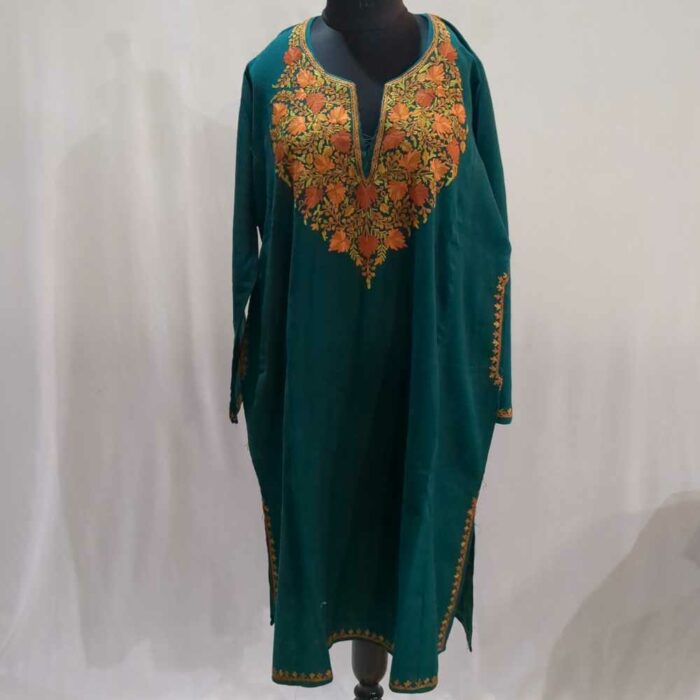 Green Handwork Pure Wool Kashmiri Pheran Dress - Image 3