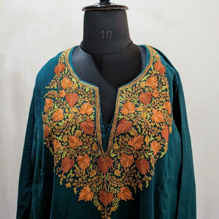 Green Handwork Pure Wool Kashmiri Pheran Dress - Image 5