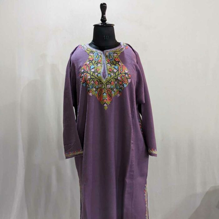 Lavendar Handwork Pure Wool Kashmiri Pheran Dress - Image 4