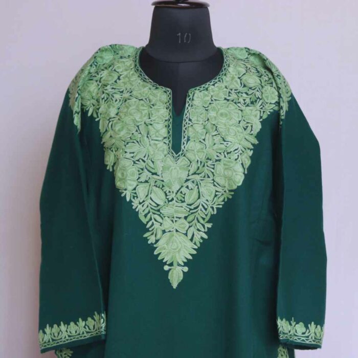 Green MeerBaagh Kashmiri Phiran with Front Back Embroidery