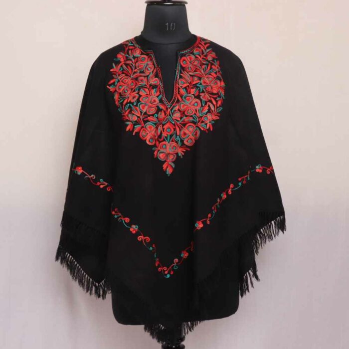 Black Wazul Poshbagh Kashmiri Ponchu Aari Embroidery