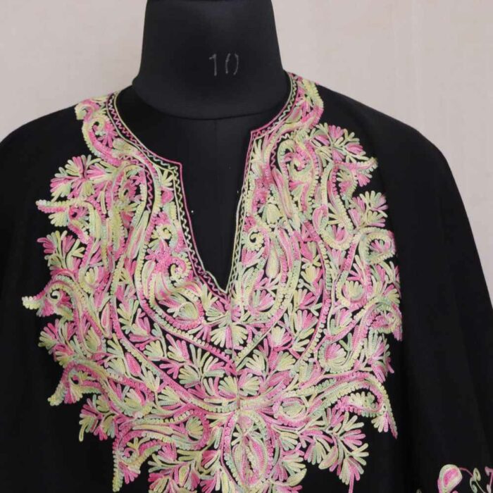 Black Sheen Pink Kashmiri Ponchu Aari Embroidery - Image 2