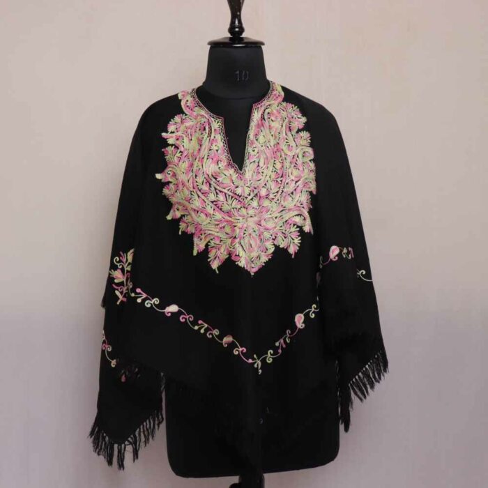 Black Sheen Pink Kashmiri Ponchu Aari Embroidery