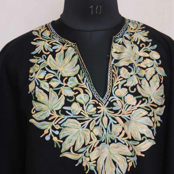 Black Sheen Sabz Aari Embroidery Kashmiri Poncho - Image 2