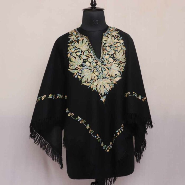 Black Sheen Sabz Aari Embroidery Kashmiri Poncho