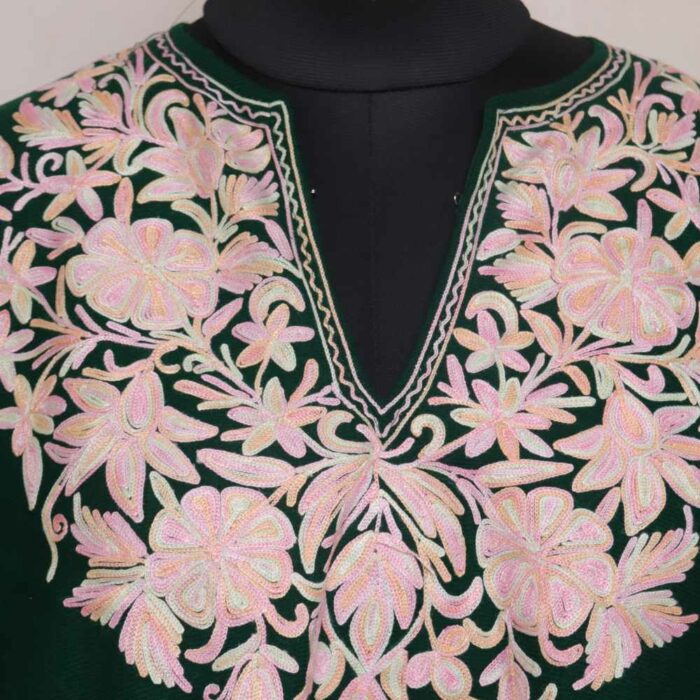 Green Pink Aari Embroidery Kashmiri Poncho - Image 2