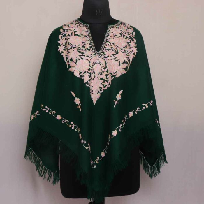 Green Pink Aari Embroidery Kashmiri Poncho