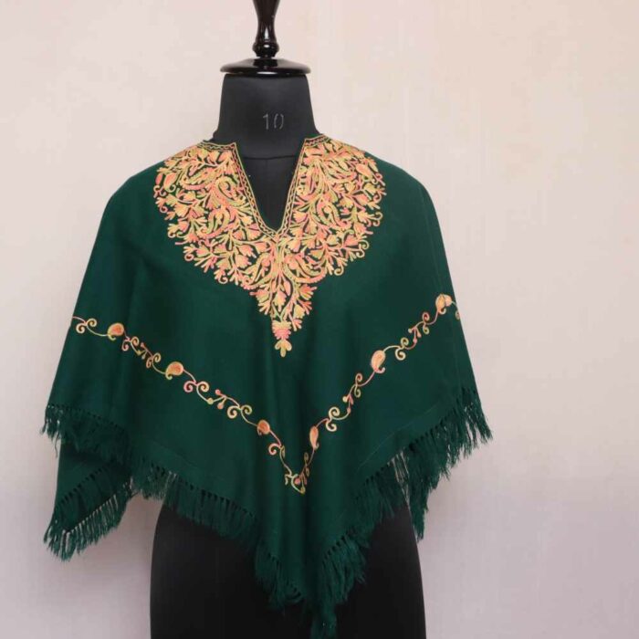 Kashmiri Poncho Green Lyodur Badaam With Aari Embroidery