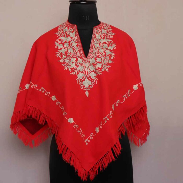 Red posh Aari Embroidery Kashmiri Poncho