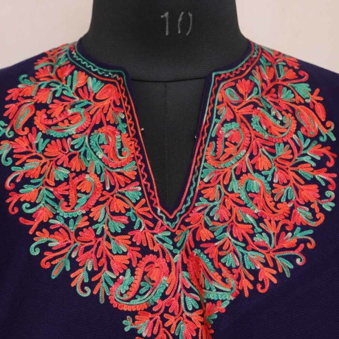 Navy Blue Badami Aari Embroidery Kashmiri Poncho - Image 2