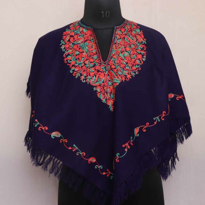 Navy Blue Badami Aari Embroidery Kashmiri Poncho