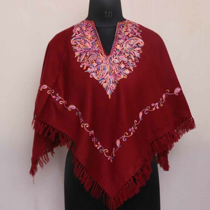 Maroon Badami Aari Embroidery Kashmiri Poncho