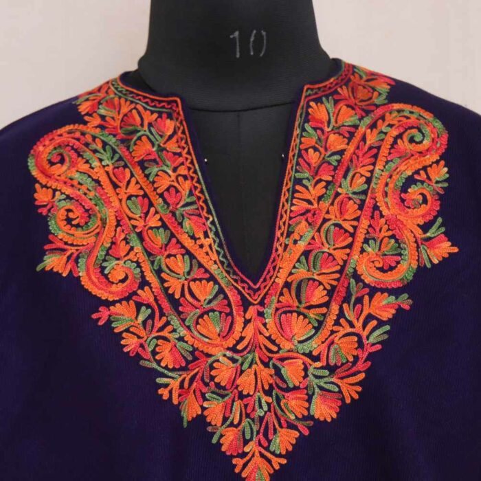 Blue Bodh Badaam Aari Embroidery Kashmiri Poncho - Image 2