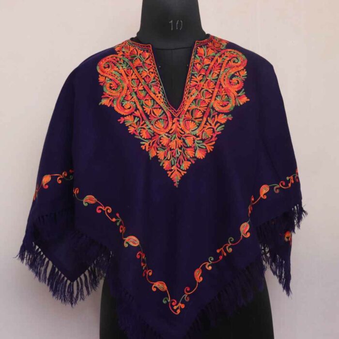 Blue Bodh Badaam Aari Embroidery Kashmiri Poncho