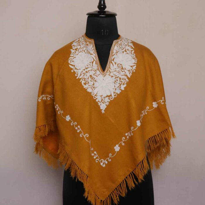 Mustard Sheen Badaam Aari Embroidery Kashmiri Poncho