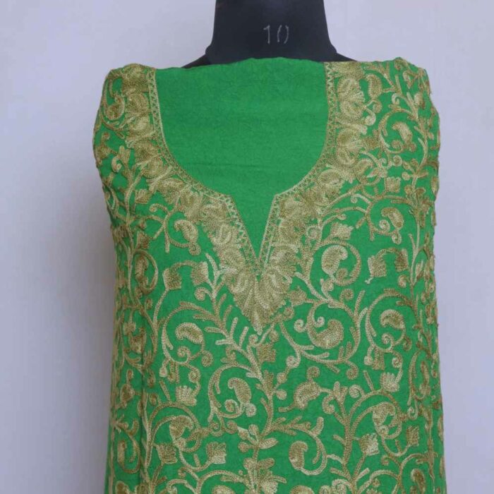Green Kul Crush Cotton Kashmiri Suit With Aari Work - Image 2