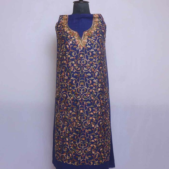 Navy Blue jaal Crush Cotton Kashmiri Suit With Aari Work