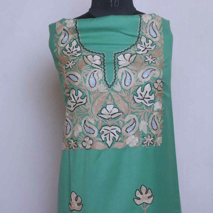 Green Chinar All over booti Kashmiri Suit With Aari Embroidery for Winter