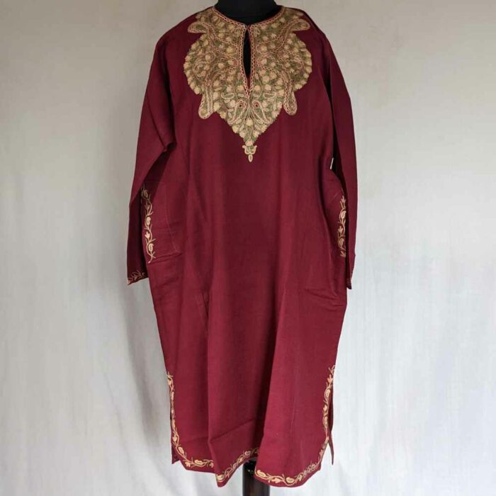 Magenta Badami Raffal Kashmiri Pheran with Hand Ari - Image 3