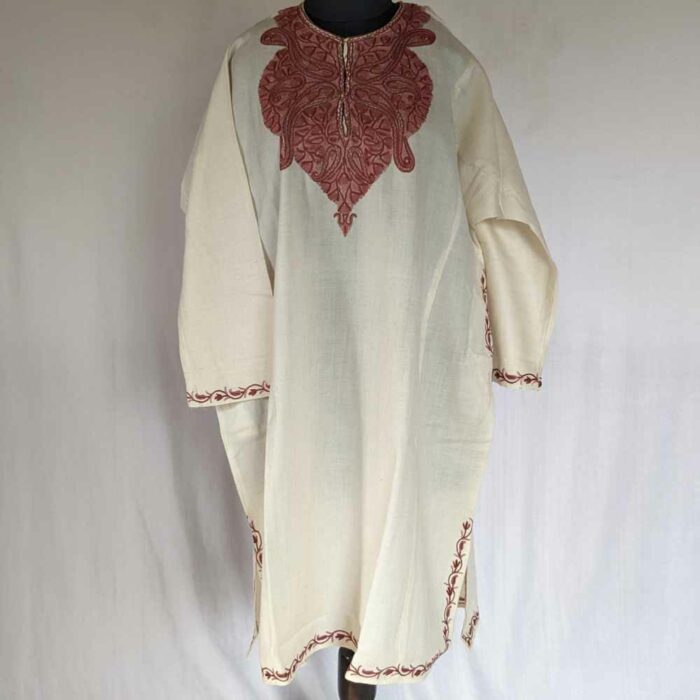 Cream Badami Raffal Kashmiri Pheran with Hand Ari - Image 3