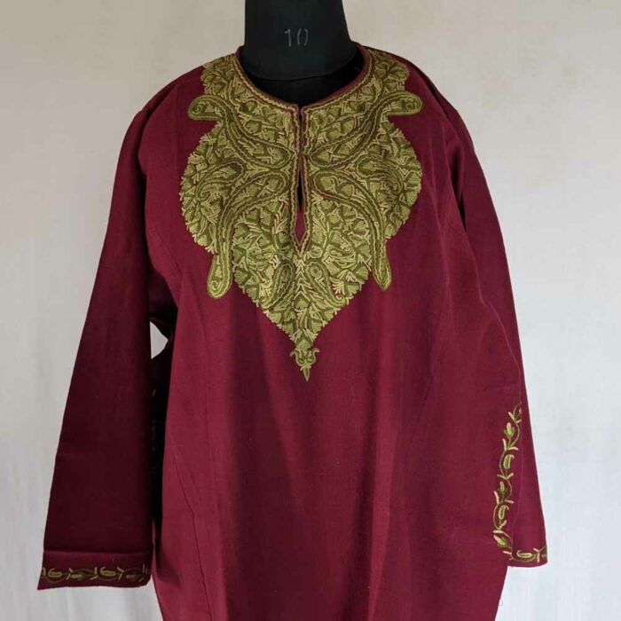 Maroon Sabz Raffal Kashmiri Pheran with Hand Ari