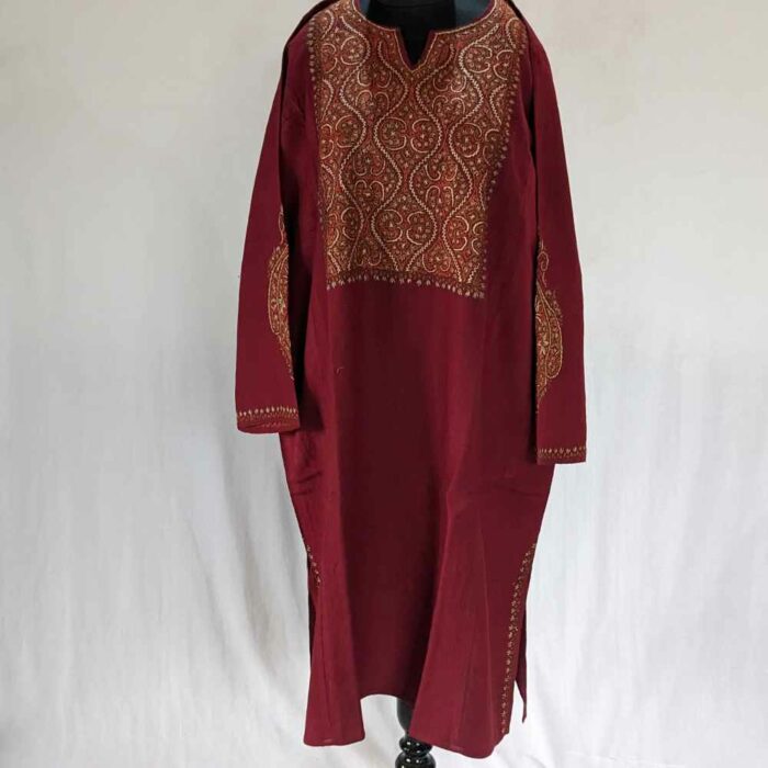 Maroon Box Pure Wool Kashmiri Sozni Handwork Designer Pheran - Image 4