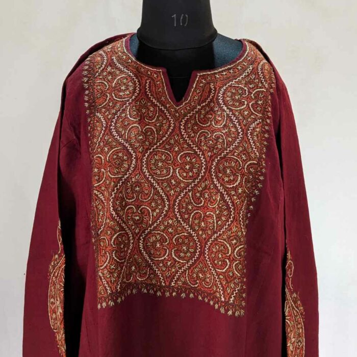 Maroon Box Pure Wool Kashmiri Sozni Handwork Designer Pheran