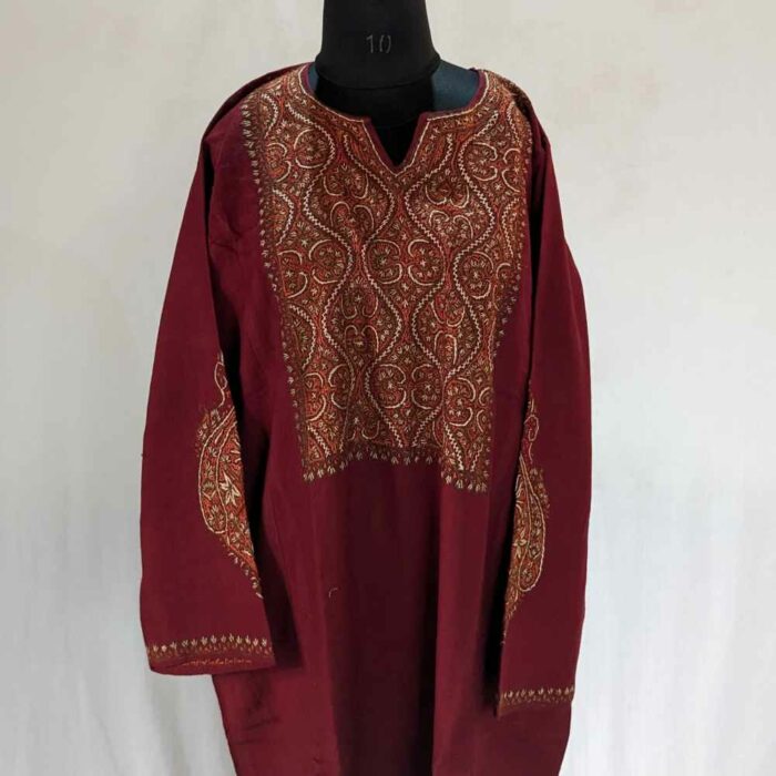 Maroon Box Pure Wool Kashmiri Sozni Handwork Designer Pheran - Image 2